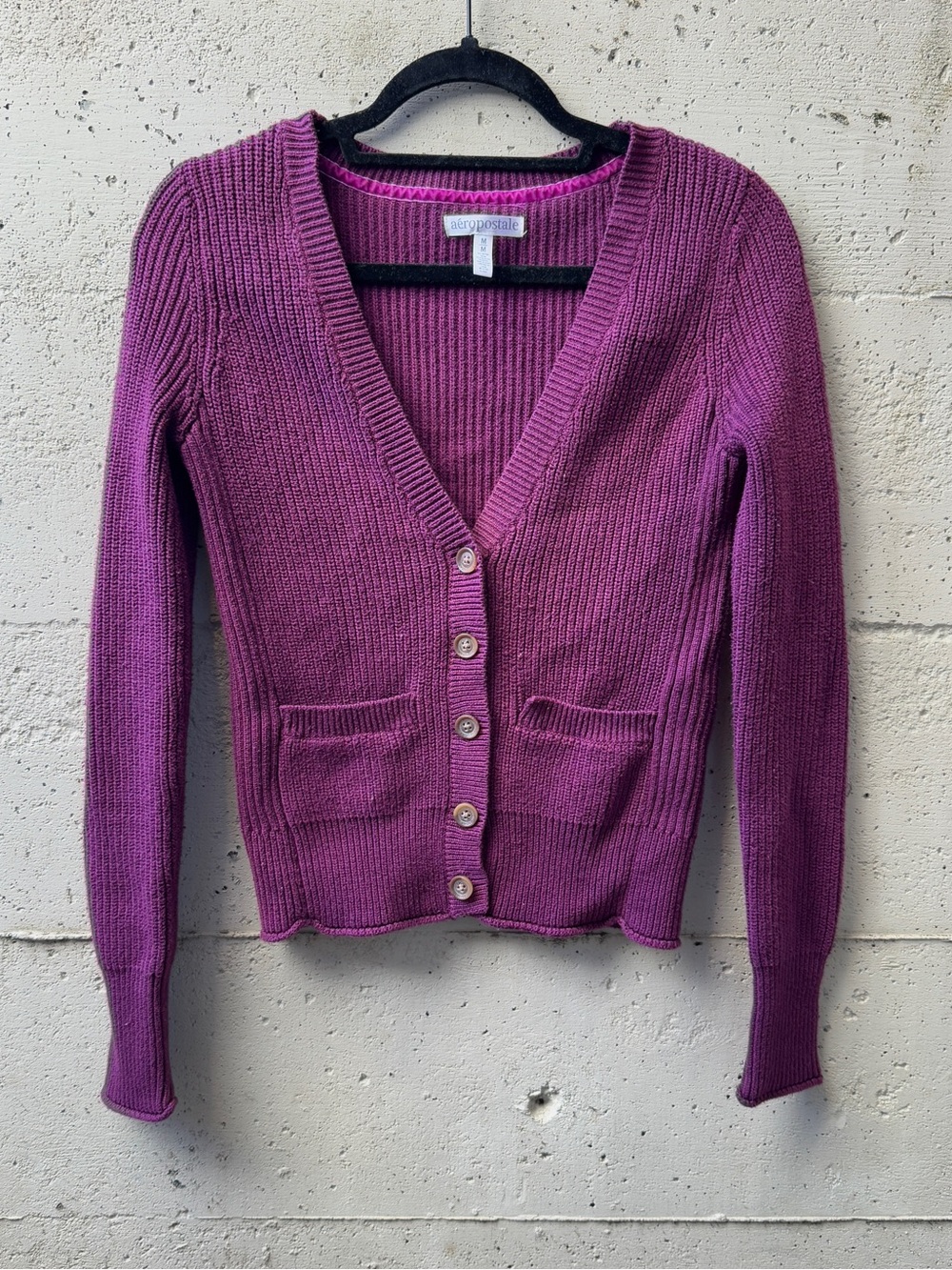 2000s Aeropostale purple ribbed knit cardigan